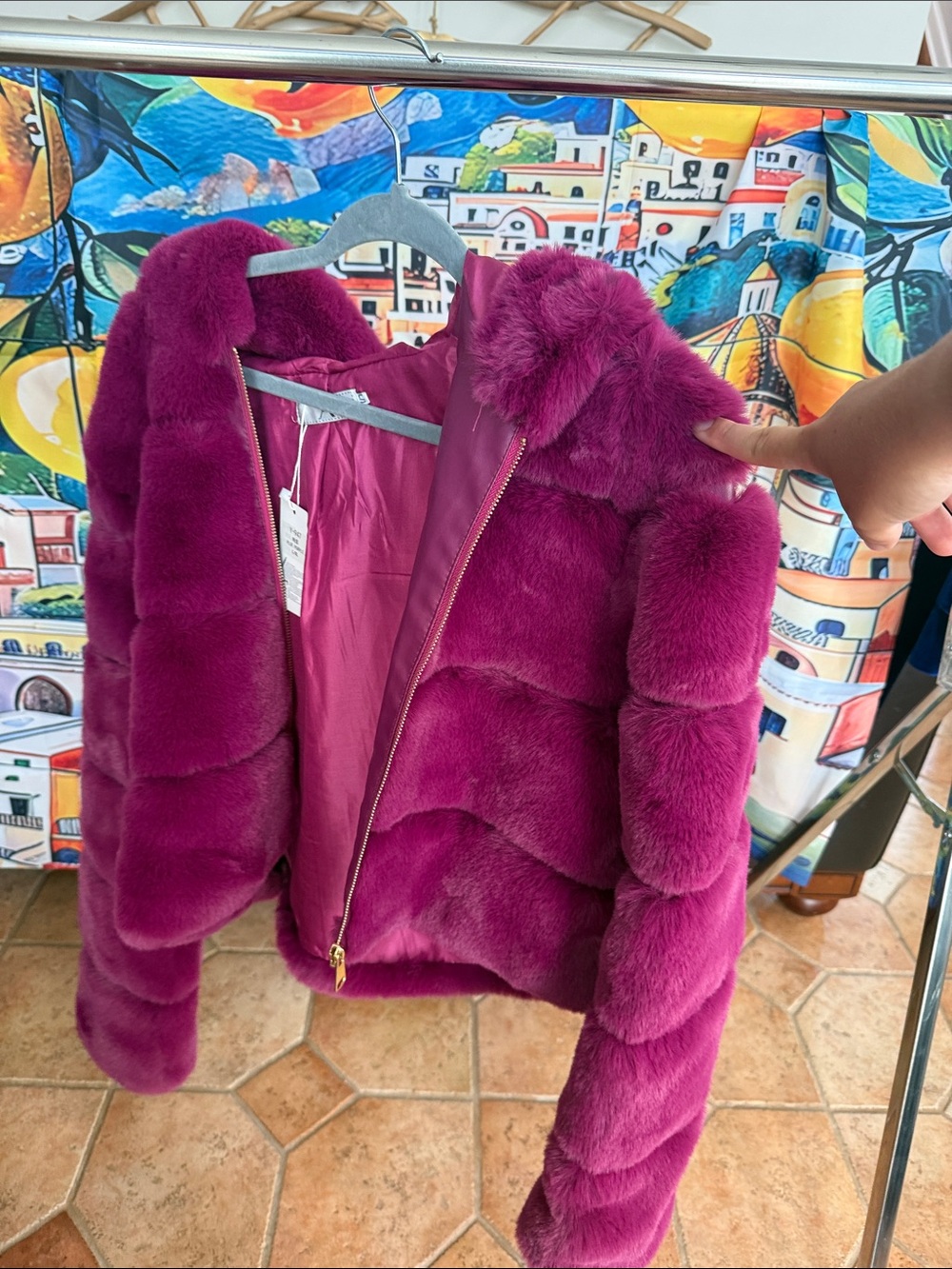 Women's Faux Fur Puffer Jacket - Magenta